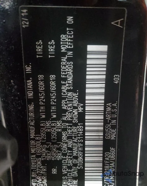 2015 Toyota Highlander Le из США, поврежденный, VIN 5TDBKRFH1FS114891